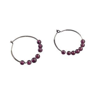 Garnet 925 Hoop Earrings 1” Sterling Silver Bead Birthstone Chakra Gemstone VTG